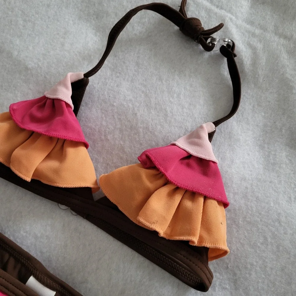 Baby Gap Swimsuit 6-12 Months Girls Bikini‎ Brown Pink Orange 2 pc Set Ruffle